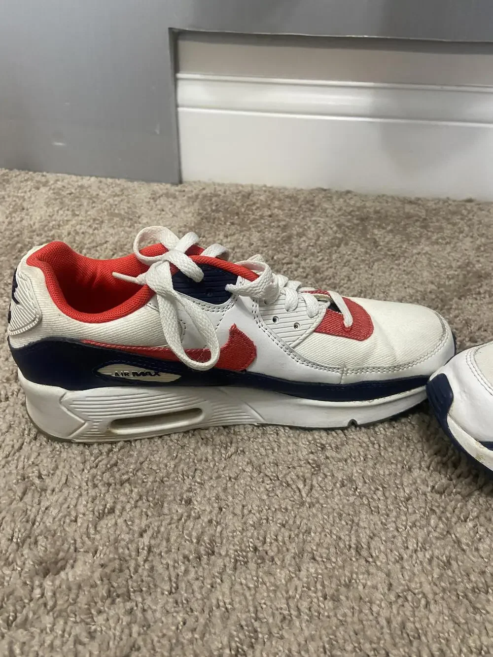 Nike Air Max 90 Shoes Youth Size 7Y White Red Navy Leather Running Sneakers